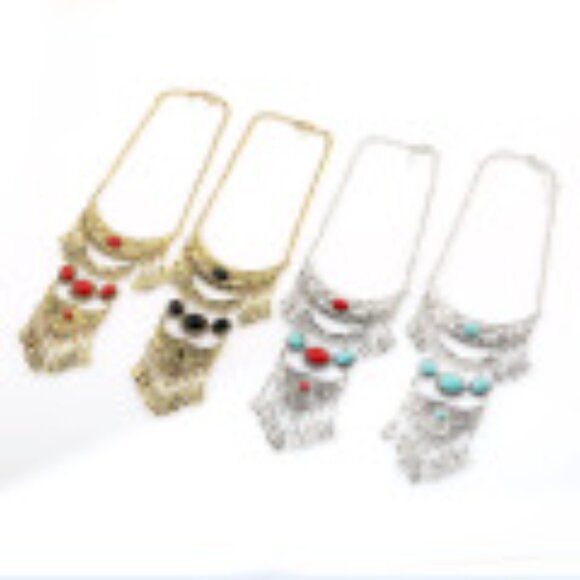 #029 Vintage Long Tassel Gemstone Leaf Necklace Sweater Chain - Picture 2 of 3